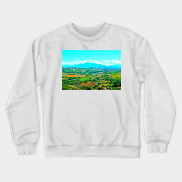 Scene in Carassai with fields sectoring the lands and impressive mountains Crewneck Sweatshirt by KristinaDrozd